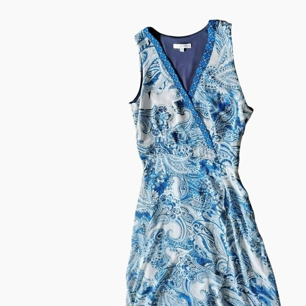 Sandra Darren Blue White Paisley Maxi Dress Sleeveless V-Neck Size 6